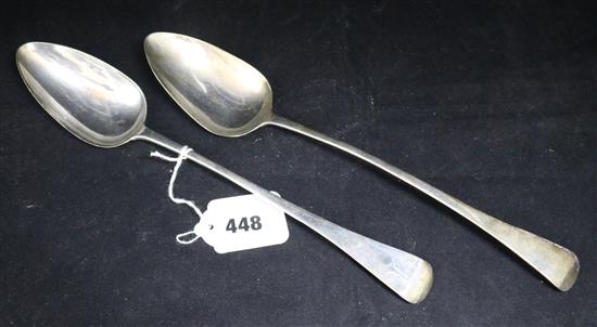 Two George III silver basting spoons, one initialled, both London, 1808.